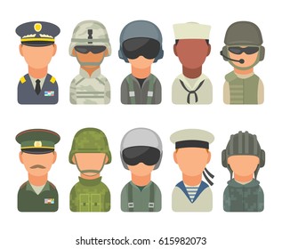 Set icon character russian and american military people. Soldier, officer, pilot, marine, trooper, sailor. Vector flat illustration on white background.