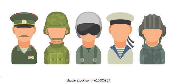 Set icon character russian military people. Soldier, officer, pilot, marine, trooper, sailor. Vector flat illustration on turquoise circle