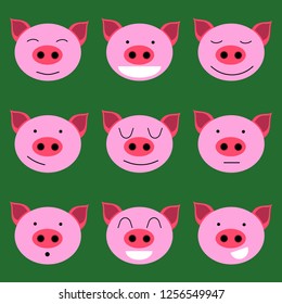 Set of icon with cheerful and cute piglets. Smiling, cat, serious, sad, unhappy pig