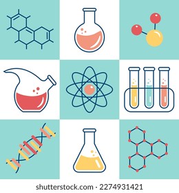 Setzen Sie Icon-Chemikalien, Chemie, Labor, Gläser, Becher, Flaschen, Elemente des Moleküls. Vektorgrafik