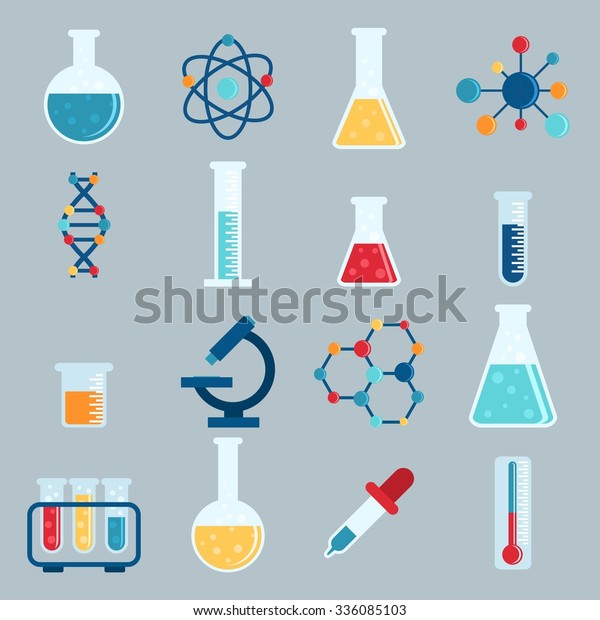 Set icon\
chemicals, chemistry, laboratory, jars, beakers, flasks, elements\
of the molecule. Vector\
illustration