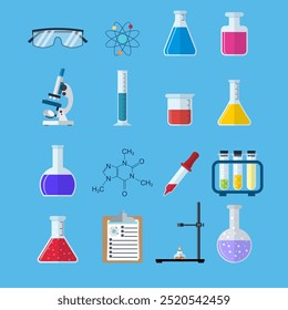 Conjunto de productos químicos, Ciencia, educación, química, experimento y concepto de laboratorio. Ilustración vectorial en diseño plano