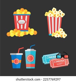 set icon cinema or movie film with popcorn and ticket cinema