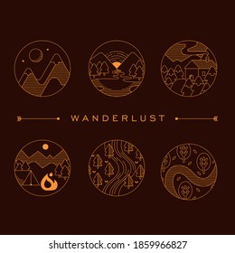 Set Icon Circle Logo Outline Wanderlust Travel Camping Mountain Wild Nature 
