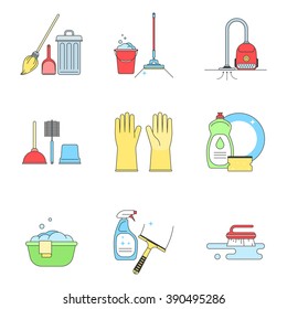 Set icon of cleaning tools isolated on white. Vector illustration flat line sign design for web banner site and print 