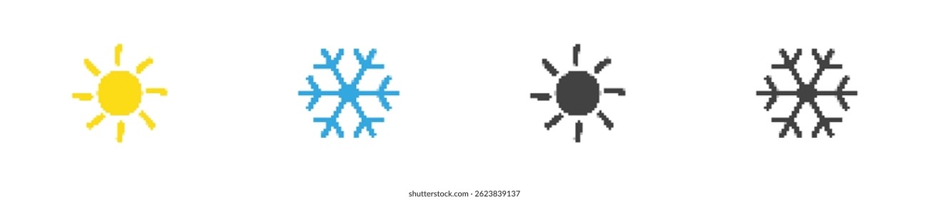 Set icon climate. Sun and snowflake in pixel art. Cold and heat graphic symbol. Weather icon in vector pixel style. Temperature illustration
