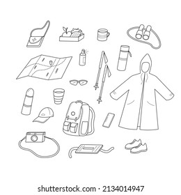 Conjunto de íconos de ropa y accesorios para caminatas, trekking, viajes. Ilustración aislada de vectores en blanco y negro en estilo de arte de línea