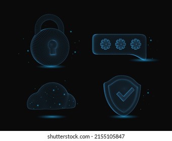 Set icon cloud storage, shield, closed padlock, security password.  3d grid wireframe  secure icon. Concept safety access, security guarantee, protect, safe.Futuristic, technological vector illustrate