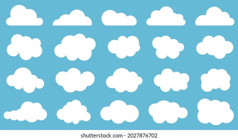 Set of icon clouds. Weather symbols. Vector illustration isolated on blue background