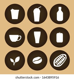 Set of icon - Coffee cup and tea leaf, coco seed.