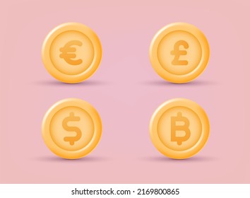 Set of icon coins. Currency exchange, finance and investment concept. 3D Web Vector Illustrations.