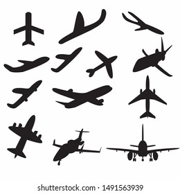 A set or icon collection of black planes drawings on a beige background.A group or collection of aircrafts ideal for grungy,travel,flight,transport,business or commercial designs isolated on white