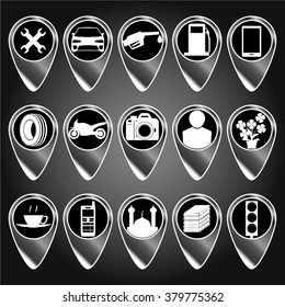 Set, icon collection labels for maps in black and white, minimalist style