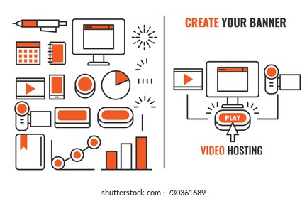 Set of icon for construct banner on digital themes, video hosting banner, thin icon vector 