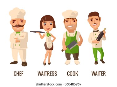 Set icon for cook room. Waiter with bottle wine. Proud chef with a mustache crossed his arms. Waitress with tray. Vector flat illustration isolated on white background. Hand drawn design element 