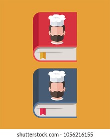 Set Icon cookbook with chef on the cover. Books with recipes of red and blue color.