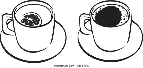 Set icon with cups of coffee and tea on white background.