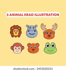 set icon cute animal cartoon hippo,monkey,lion,frog,deer,bear head vector illustration. animal head sticker concept. flat style cute