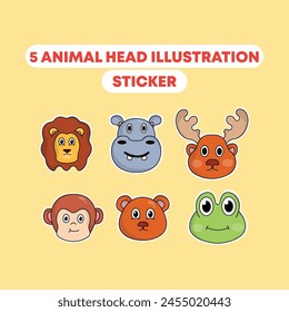 set icon cute animal cartoon hippo,monkey,lion,frog,deer,bear head vector illustration. animal head sticker concept. flat style cute