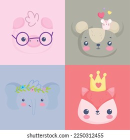 set icon cute animals faces