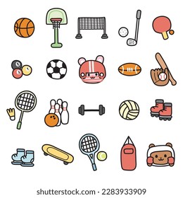 Set of icon of cute cartoon hand drawn in sport concept.Play time.Competition.Symbol collection.Rabbit and bear.Face animal.Kawaii.Vector.Illustration.