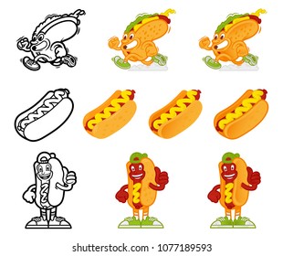 Set icon cute smile cartoon character American hot-dog which stand and show thumb up like it. Dressed up in cap and fashionable sneakers. Made in different styles mascot logo for kids flat design 