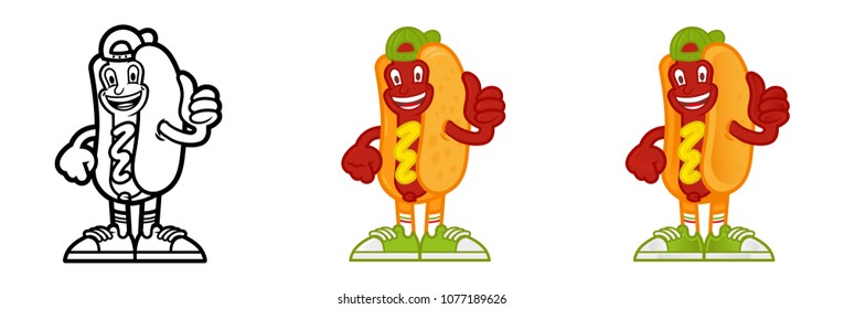Set icon cute smile cartoon character American hot-dog which stand and show thumb up like it. Dressed up in cap and fashionable sneakers. Made in different styles mascot logo for kids flat design 