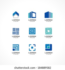 Set Of Icon Design Elements. Abstract Logo Ideas For Business Company. Building, Construction, House, Connection, Technology Concepts For Corporate Identity Template. Stock Illustratio. Vector