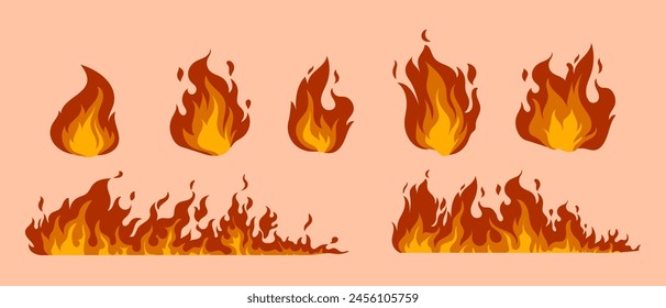 Set of icon with different fire vector illustration. Hot, bonfire, burning or ignition.