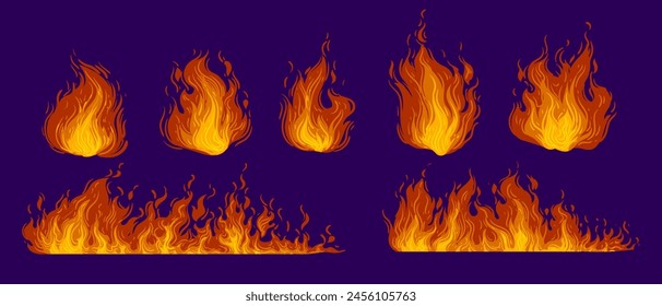 Set of icon with different fire vector illustration. Hot, bonfire, burning or ignition.