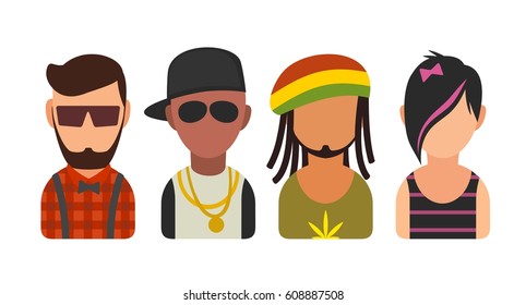 Set icon different subcultures people. Hipster, raper, emo, rastafarian. Vector flat illustration on white background