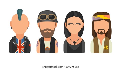 Set icon different subcultures people. Punk, biker, goth, hippy. Vector flat illustration on white background