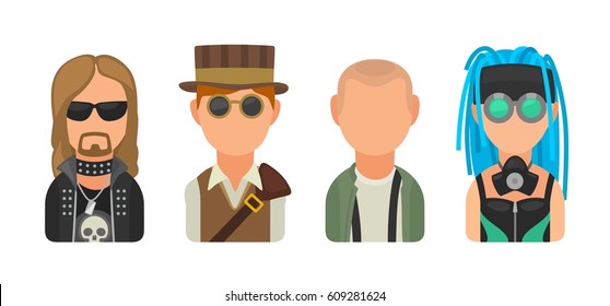 Set icon different subcultures people. Metalhead, steampunk, skinhead, cybergoth. Vector flat illustration on white background