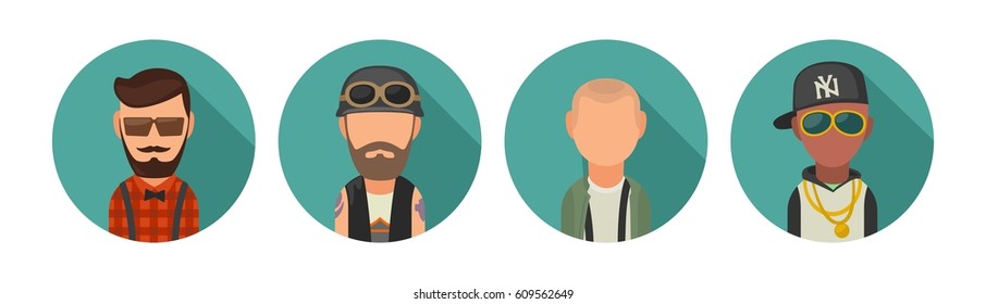 Set icon different subcultures people. Hipster, biker, skinhead, rapper. Vector flat illustration on turquoise circle.