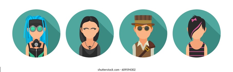 Set icon different subcultures people. Cybergoth, emo, steampunk, goth. Vector flat illustration on turquoise circle.