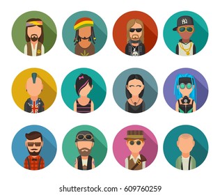 Set icon different subcultures people. Hipster, raper, emo, rastafarian, punk, biker, goth, hippy, metalhead, steampunk, skinhead, cybergoth. Vector flat illustration on color circle.