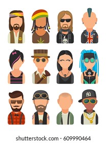 Set icon different subcultures people. Hipster, raper, emo, rastafarian, punk, biker, goth, hippy, metalhead, steampunk, skinhead, cybergoth. Vector flat illustration on white background