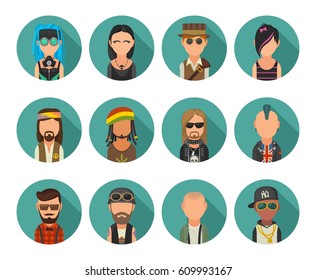 Set icon different subcultures people. Hipster, raper, emo, rastafarian, punk, biker, goth, hippie, metalhead, steampunk, skinhead, cybergoth. Vector flat illustration on turquoise circle.