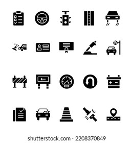 Conjunto De Escuela De Conducción De Iconos Con Estilo Glifo. Contiene iconos como Cone, Car, Car Accident, Traffic Light, Etc. 
