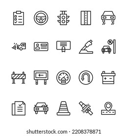 Set Of Icon Driving School With Outline Style. Contains such Icons as Brake, Car, Battery, Cone, Etc. 