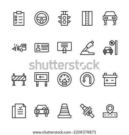 Set Of Icon Driving School With Outline Style. Contains such Icons as Brake, Car, Battery, Cone, Etc. 