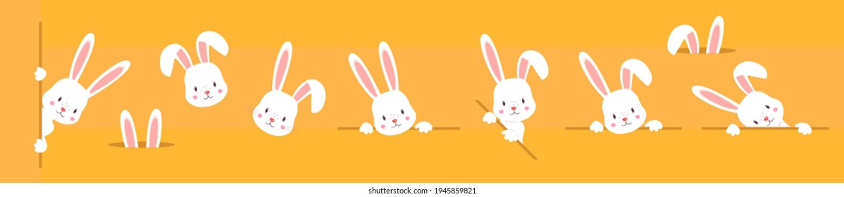 Set icon Easter rabbit, easter Bunny. Isolated orange background.Flat vector illustration.