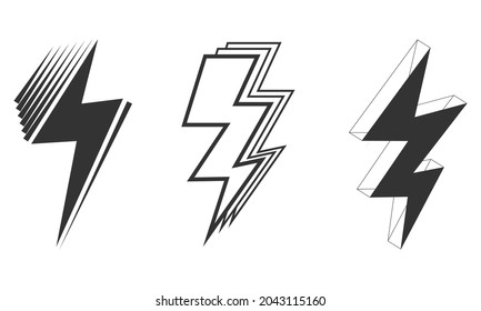 Juego de rayo eléctrico de icono, perno de trueno al estilo de doodle. aislado de fondo blanco. ilustración vectorial
