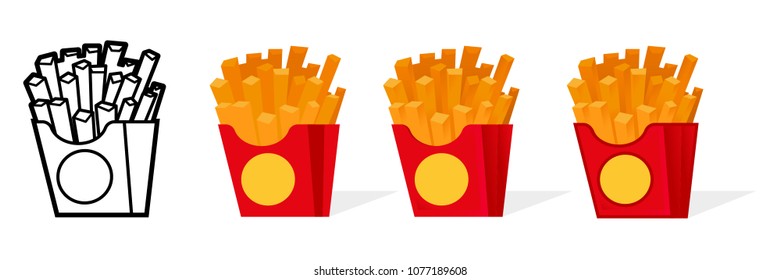 Set icon element fast food delicious American French fries in red box. Made in different styles. Modern vector illustration mascot logo flat subject design.

