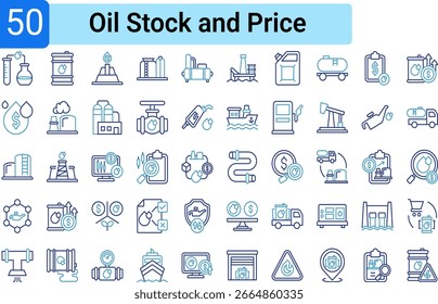 Conjunto de Elementos icónicos relacionados con la industria petrolera, desde la exploración, producción, procesamiento, transporte, almacenamiento, hasta aspectos financieros y de Precios.