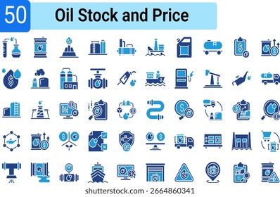Set of icon elements related to the oil industry, from exploration, production, processing, transportation, storage, to financial and pricing aspects.