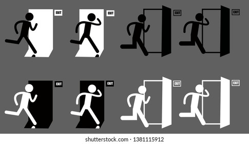 set icon emergency exit. Human Symbol running out of the building.