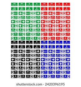 Set Icon Emergency exit sign set. Man running out fire exit. Running man and exit door sign. Escape help evacuation. Safety vector symbol. Fire action signs. Way signs for evacuation during a fire.