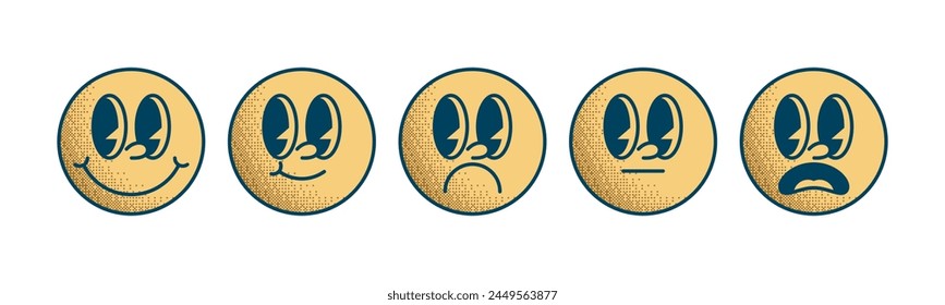 Set Icon Emoji Retro 30s. 50s, 60s old animation eyes and mouths elements. Happy satisfied, smile, neutral, stunned surprised. Vector illustration