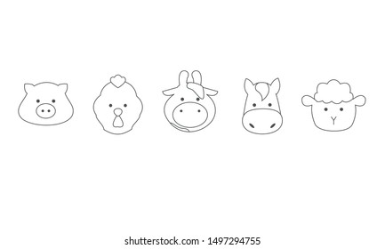 Set of icon farm animals, face of pig, rooster, cow, horse, sheep, outline